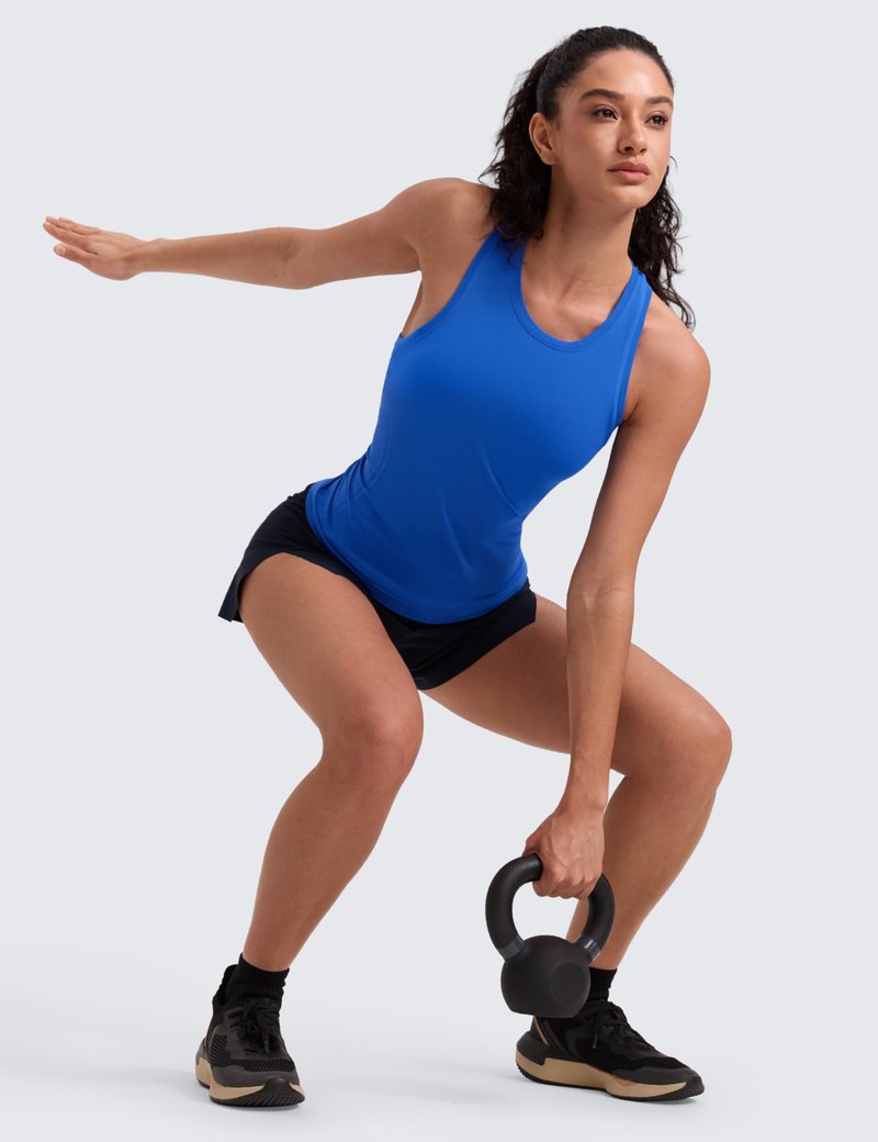 CRZ YOGA Seamless Womens Breathable Workout Tank Tops Racerback High Neck Sleeveless Running Athletic Shirts Sparkle Blue Small
