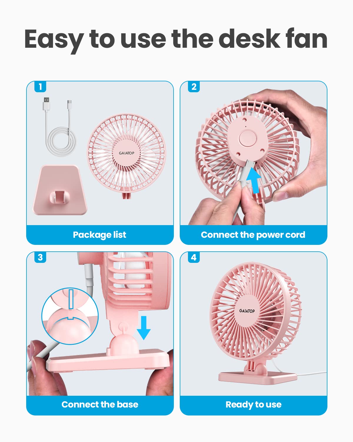 Gaiatop USB Desk Fan, Small But Powerful, Personal Portable Quiet 3 Speeds, Adjustable Mini Table Desktop fan for Cooling Home Office Car Summer Travel Gifts Pink