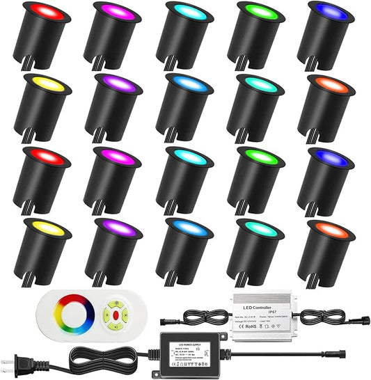 LED Deck Light Kit 0.1W-0.3W Low Voltage RGB Outdoor Lighting with Protecting Shell,6Lm IP67 Waterproof Outdoor Step Stairs Garden Yard Patio Landscape Decor Lighting(RGB, 20pcs Black Border)