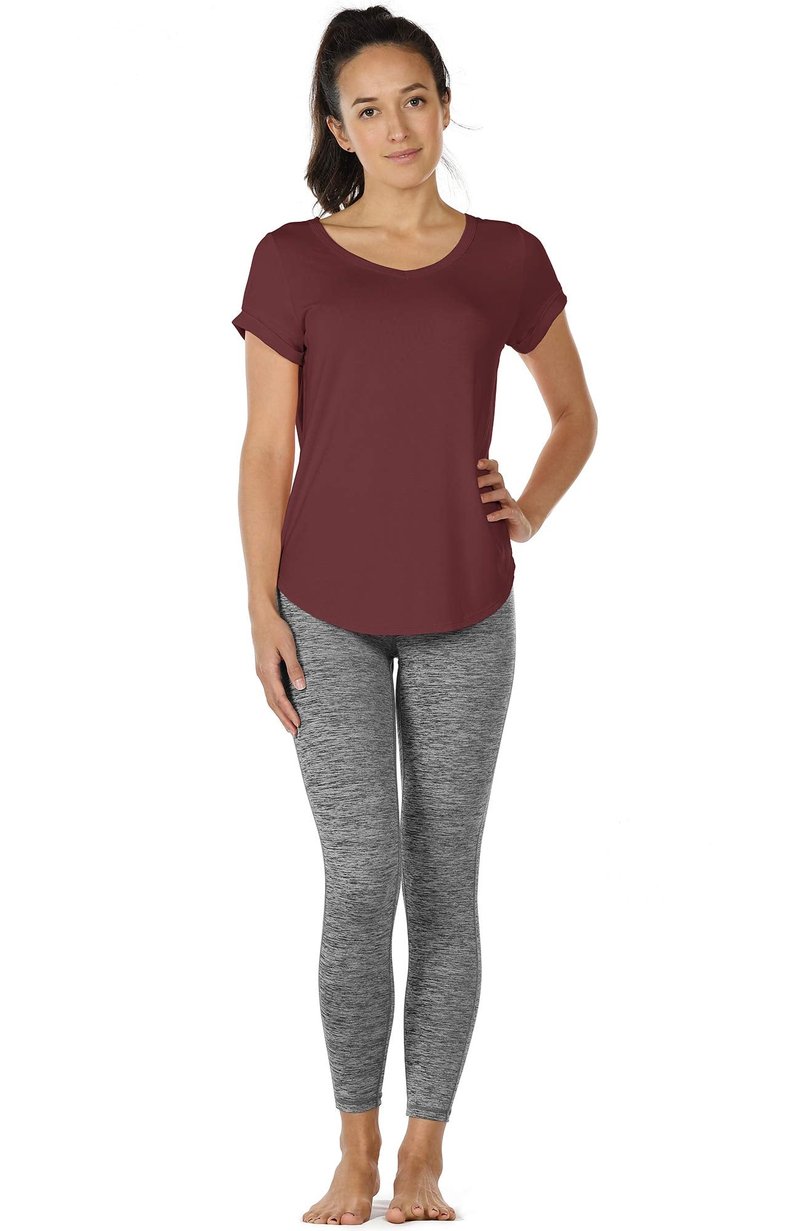 icyzone Open Back Yoga Shirts for Women - Exercise Workout Tops, Athletic Short Sleeves, Running T-Shirts Loose Fit (M, Wine)
