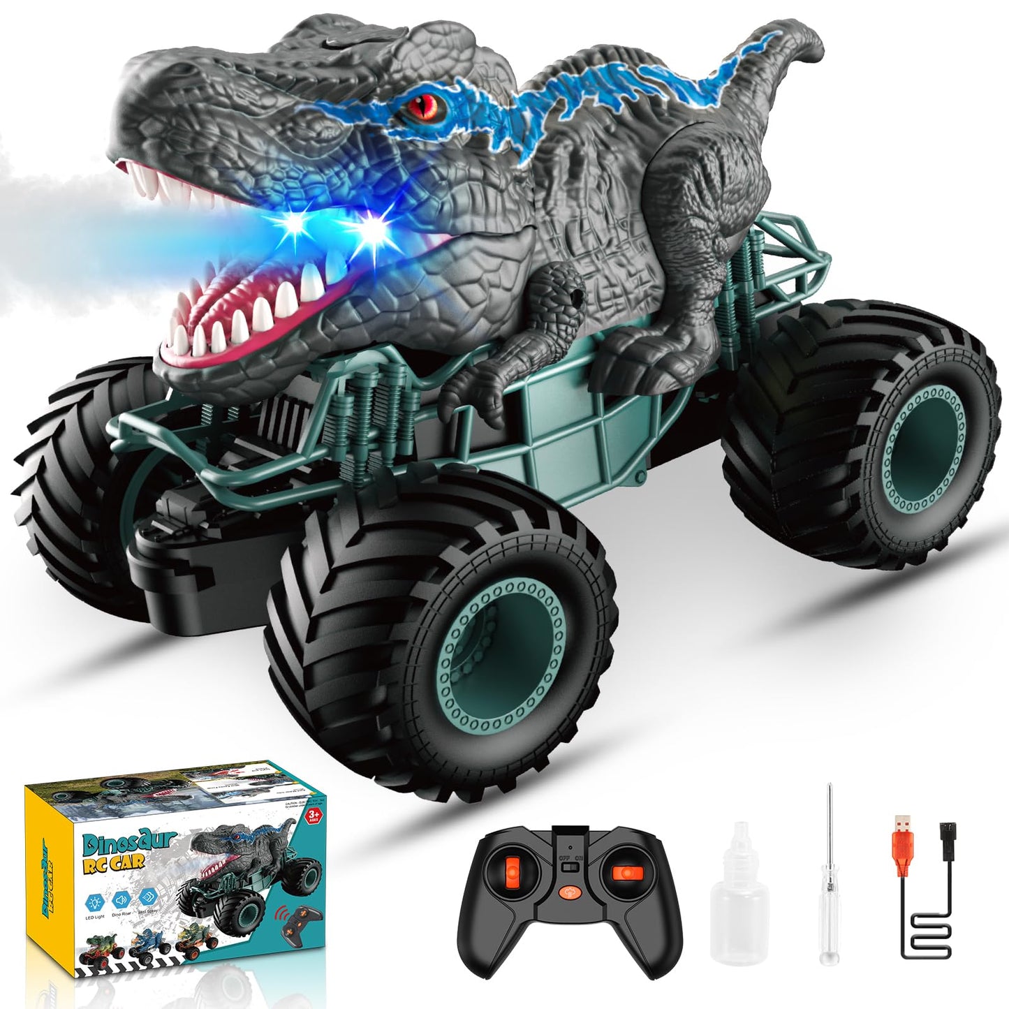 HappyGoLucky Dinosaur Toys for Boys, 1:16 Scale RC Monster Truck with Spray Roar LED Lights, Kids Toys for 4-8 Year Old Boys Gifts Toys Age 3 4 5 6 7, Outdoor Garden Toys Easter Gifts for Kids