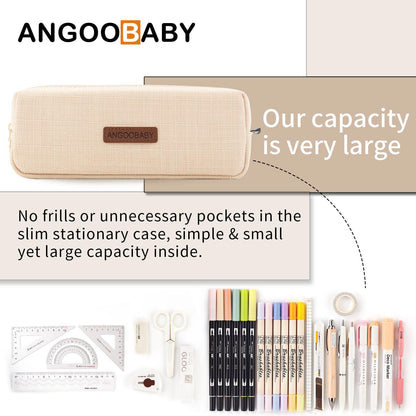 ANGOOBABY Small Pencil Case Student Pencil Pouch Coin Pouch Cosmetic Bag Office Stationery Organizer For Teen School-Beige