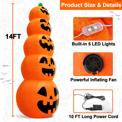 14 FT Giant Halloween Inflatable Stacked Pumpkins Outdoor Decoration Built in 5 LED Lights, Halloween Blow Up 5 Pumpkins Yard Decorations for Lawn Garden Party Decor