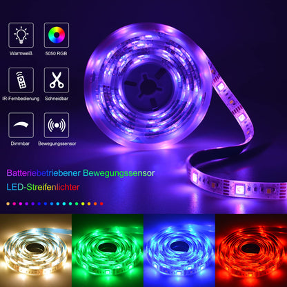 ZAIYW Motion Sensor LED Strip Lights Battery Operated, 60 LED 5050 RGB and 3000K Warm White 2M Self-Adhesive Night Lights Strip with Remote for Hallway Stair Closet Bed Gradevin Decoration