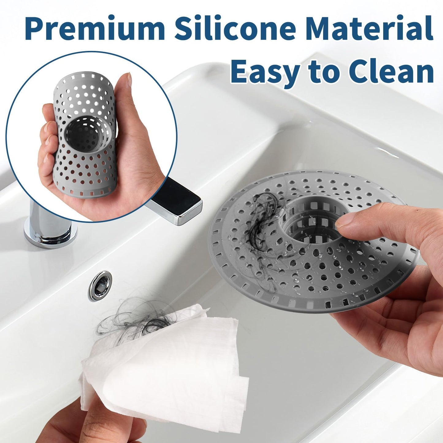 Bathtub Drain Hair Catcher,Tub Shower Drain Hair Trap/Strainer,3PCS Silicone Collapsible Tub Hair Catcher Drain Protector Designed for 1.47" to 1.75'' Regular Drains(Dark Gray)
