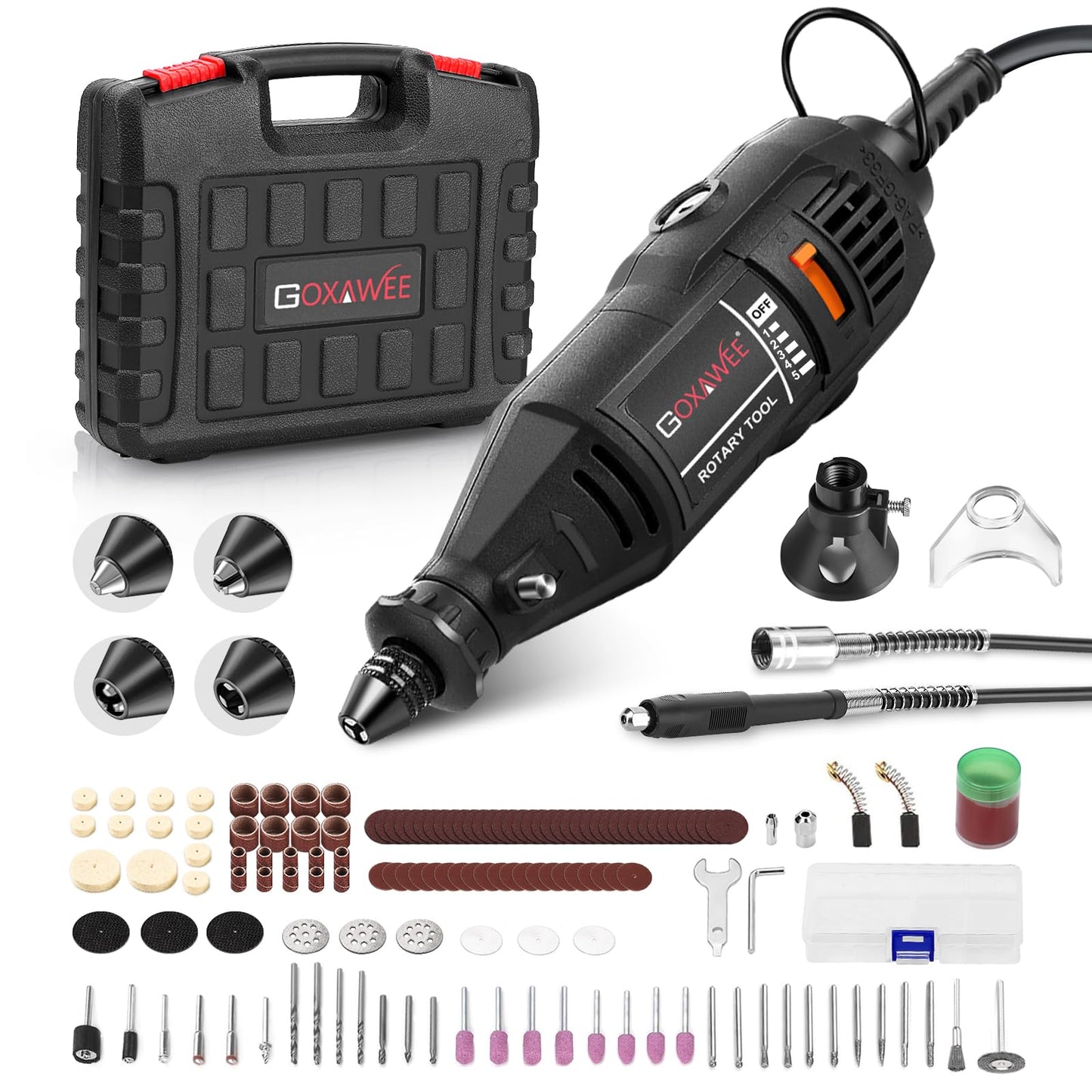 GOXAWEE Rotary Tool Kit with MultiPro Keyless Chuck and Flex Shaft -140pcs Accessories Variable Speed Electric Drill Set for Handmade Crafting Projects and DIY Creations
