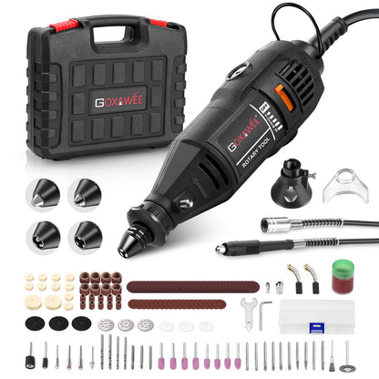 GOXAWEE Rotary Tool Kit with MultiPro Keyless Chuck and Flex Shaft -140pcs Accessories Variable Speed Electric Drill Set for Handmade Crafting Projects and DIY Creations