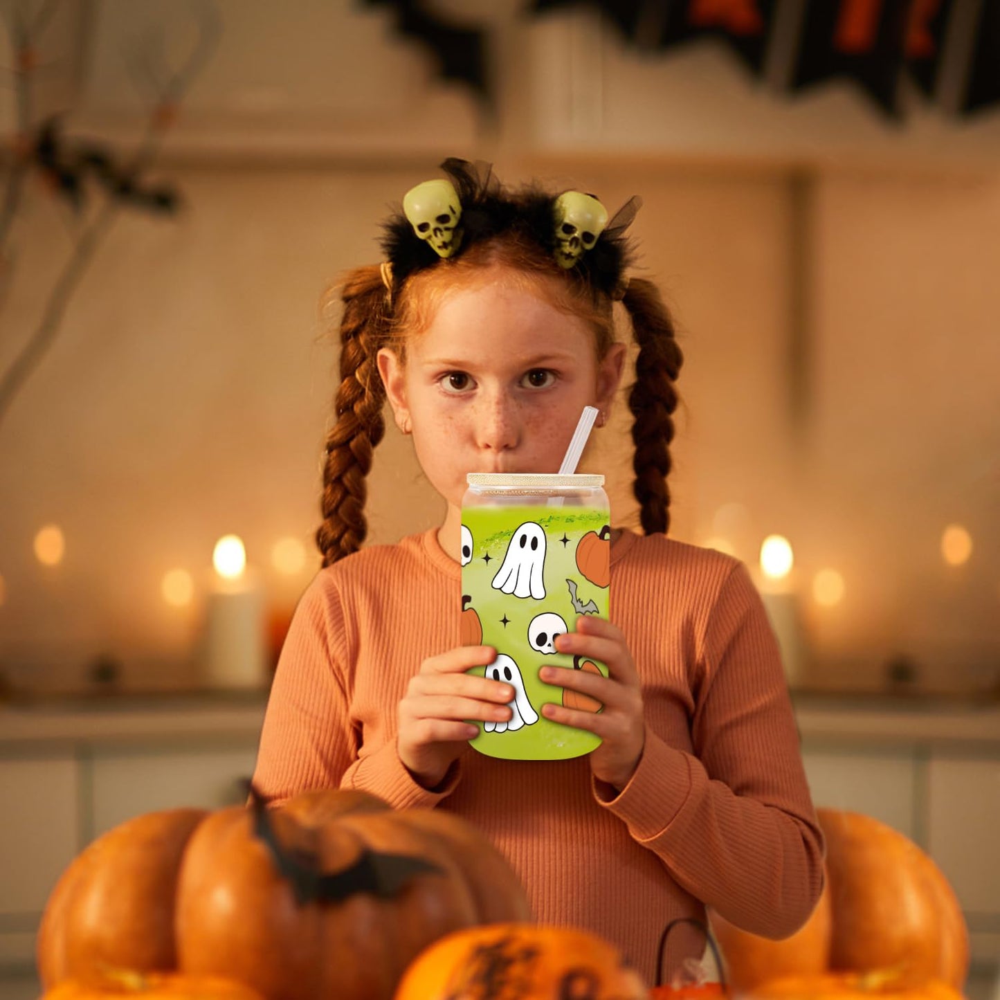 UAREHIBY Halloween Ghost Pumpkin Skull Fall Cup, 18oz Pumpkins Fall Mug, Iced Coffee Glass Tumbler with Lids and Straws, Spooky Glass Cup, Goth Spooky Gifts, Halloween Gifts for Women Kids Teens Adult