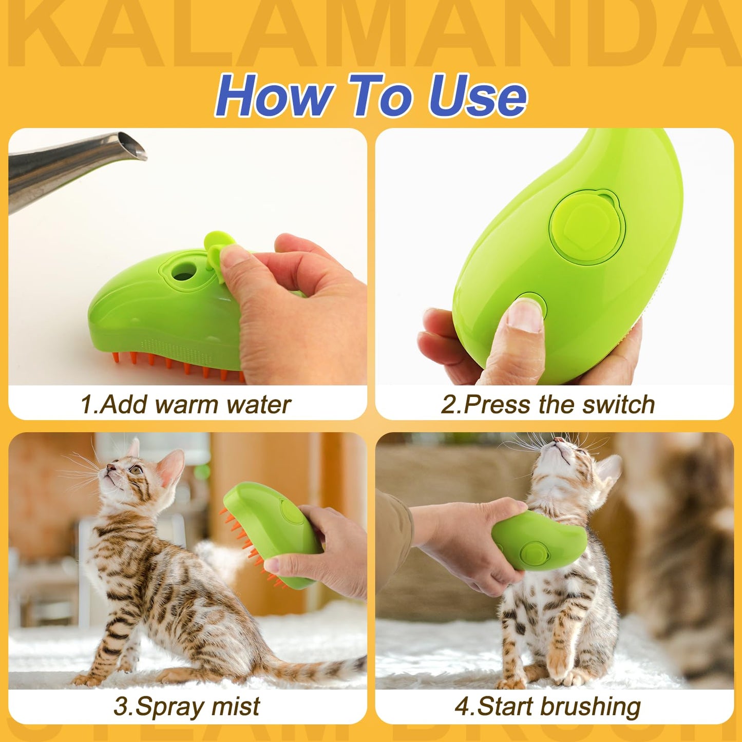 KALAMANDA Cat Steam Brush, 3 In 1 Cat Steamy Brush, Silicone Massage Grooming Brush, Pet Hair Cleaning Brush Comb for Cats Dogs (Green)