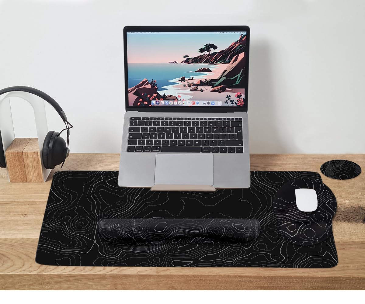 4-in-1 Gaming Mouse Pad Wrist Support Set，Desk Pad + Mouse Pad with Wrist Rest + Keyboard Wrist Rest + Coaster, Ergonomic Design for Home Office Study Game - Topographic Contour