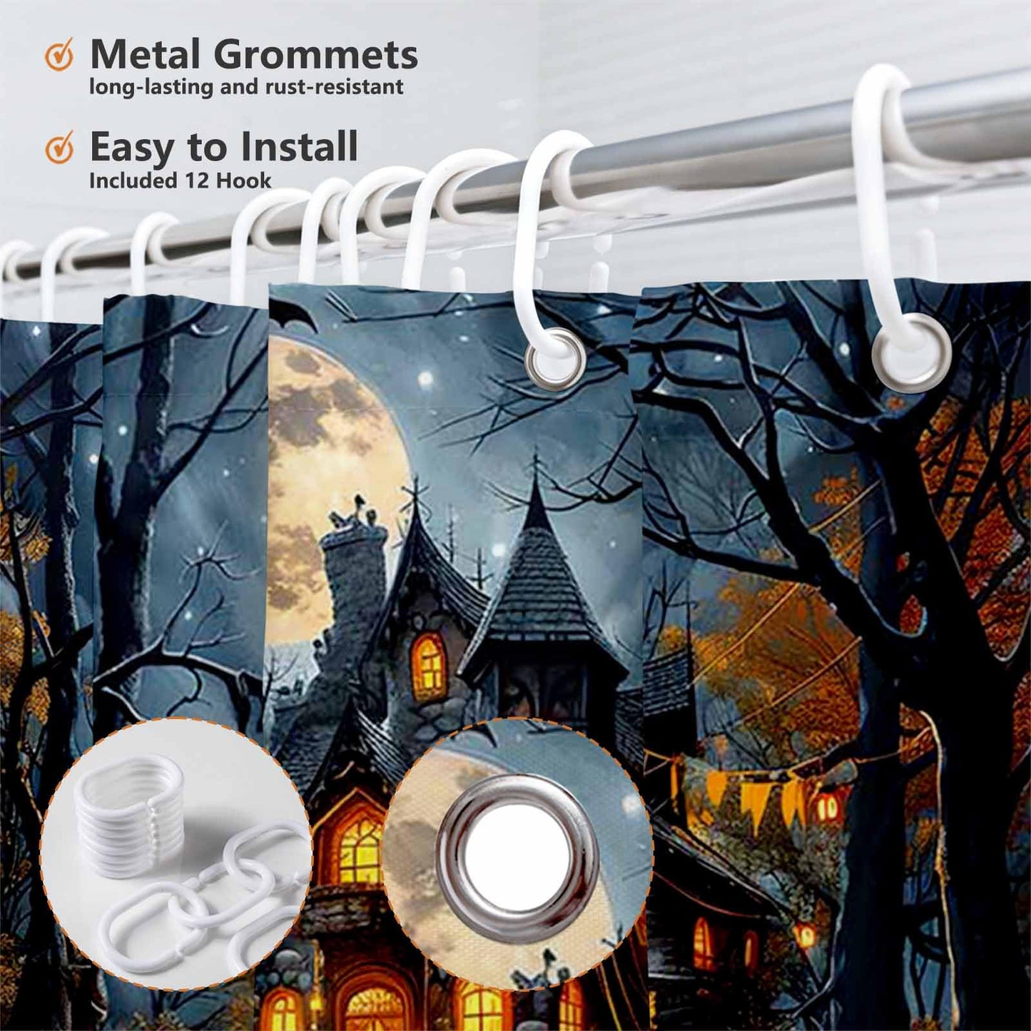 MEHOFOND Halloween Shower Curtain Scary Haunted House Evil Pumpkin Shower Curtains for Bathroom Halloween Full Moon Night Horror Castle Forest Bathtub Decorative Waterproof Fabric 72x72 Inch