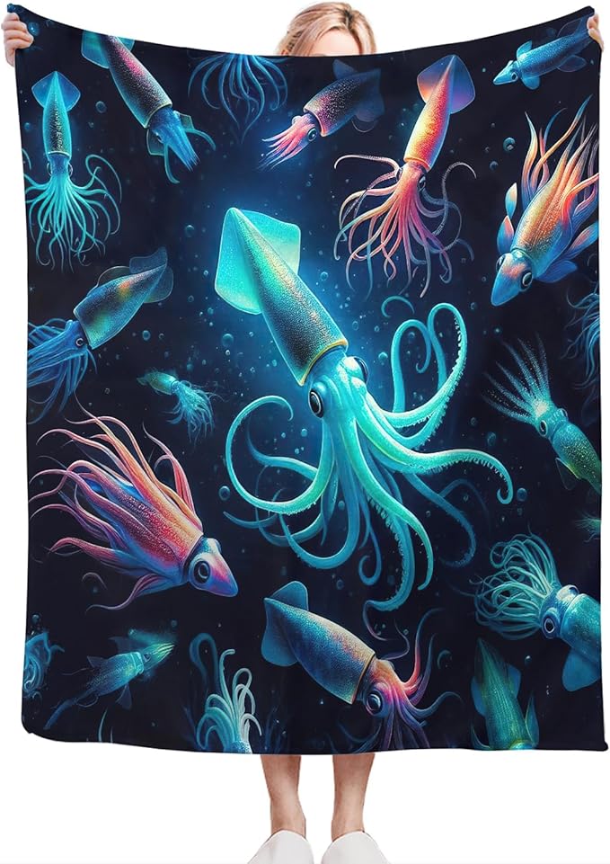 Squid Blanket Decor Gifts for Squid Lovers, Flannel Fleece Fuzzy Throw Blankets, Soft Warm Cozy Plush Ocean Animal Blanket for Bed Couch Living Room Stuff Decoration for Kids Adult 50"x40"