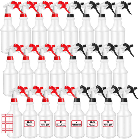 Gerrii 24 Pcs 24oz Plastic Spray Bottle Bulk, Empty Refillable Squirt Bottles for Cleaning Solution, Leak Proof Water Spray Bottle with Adjustable Nozzle and Sticker Commercial Supplies (Red & Black)