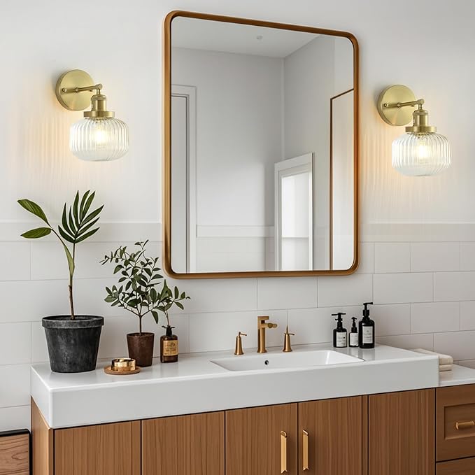 Vintage Wall Sconces with Clear Pumpkin Glass Lampshade, Indoor Bath-Room Wall Sconce, Modern Gold Industrial Lighting Fixture for Mirror Living Room Hallway 1 Pack