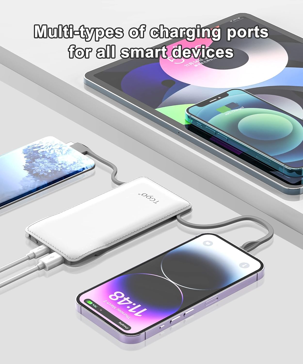 TG90° Portable Charger 10000mah Cell Phone Battery Backup, Ultra Slim Power Bank with Built in Lightning and USB-C Cable, Portable Phone Charger Battery Packs Compatible with iPhone Android Phones