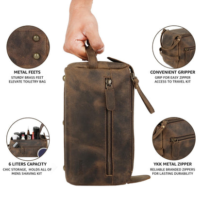 KomalC Premium Buffalo Leather Unisex Toiletry Bag Travel Dopp Kit (Distressed Tan)