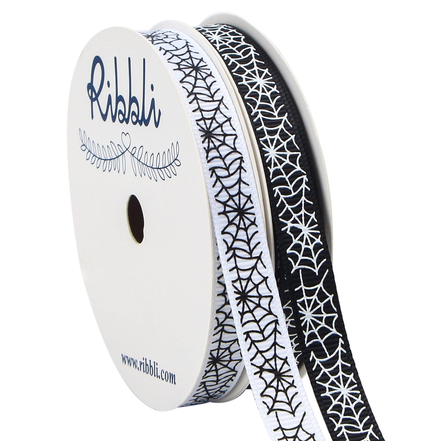 Ribbli 2 Rolls Halloween Grosgrain Ribbon,Spider Web Use for Craft,Halloween Wrapping,Home Decor,3/8 Inch Total 20 Yards,Black/White
