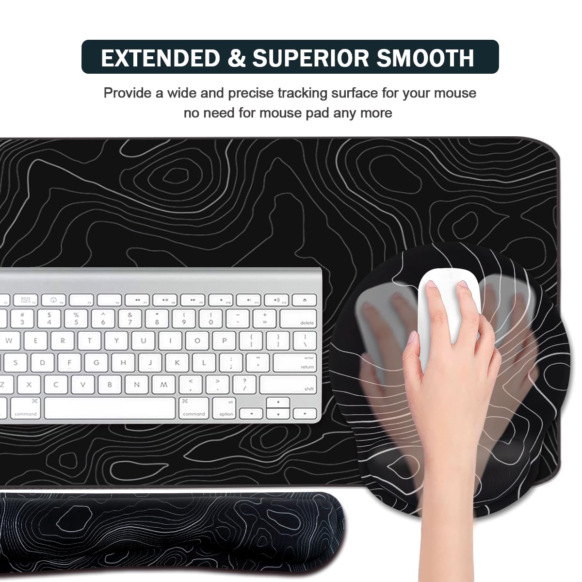 4-in-1 Gaming Mouse Pad Wrist Support Set，Desk Pad + Mouse Pad with Wrist Rest + Keyboard Wrist Rest + Coaster, Ergonomic Design for Home Office Study Game - Topographic Contour