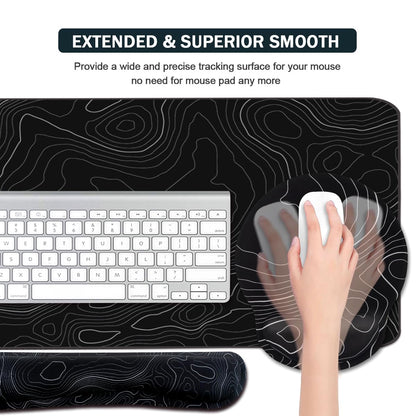 4-in-1 Gaming Mouse Pad Wrist Support Set，Desk Pad + Mouse Pad with Wrist Rest + Keyboard Wrist Rest + Coaster, Ergonomic Design for Home Office Study Game - Topographic Contour