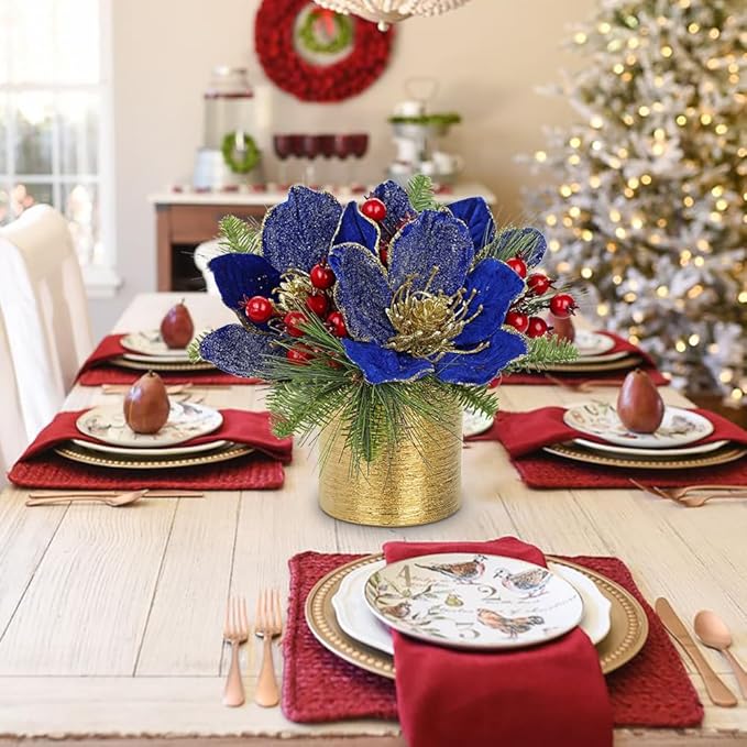 13 inch Blue Christmas Table Centerpiece 5" Glitter Magnolia Flower and Berries Fir Greenery Artificial Christmas Floral Centerpiece in Silver Ceramic Pot Tabletop Xmas Table Arrangement Decor
