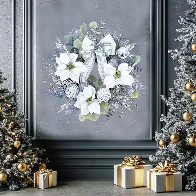 22 inch Christmas Wreath for Front Door, Lifelike Artificial Silver White Christmas Wreath, Green Fake Wreath Used for Wall, Window, Porch, Farmhouse, Indoor and Outdoor Home Decoration