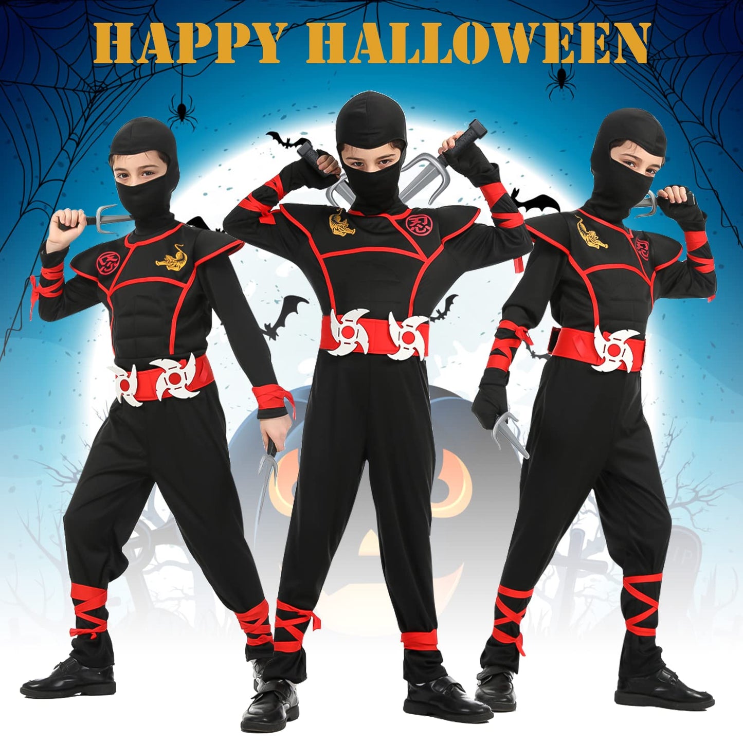 Aomig Kids Halloween Fancy Dress Costume with Ninja Accessories, Warrior Muscle Costume for Boys Girls, Luxury Role Play Outfit for Halloween Cosplay Theme Party (M)