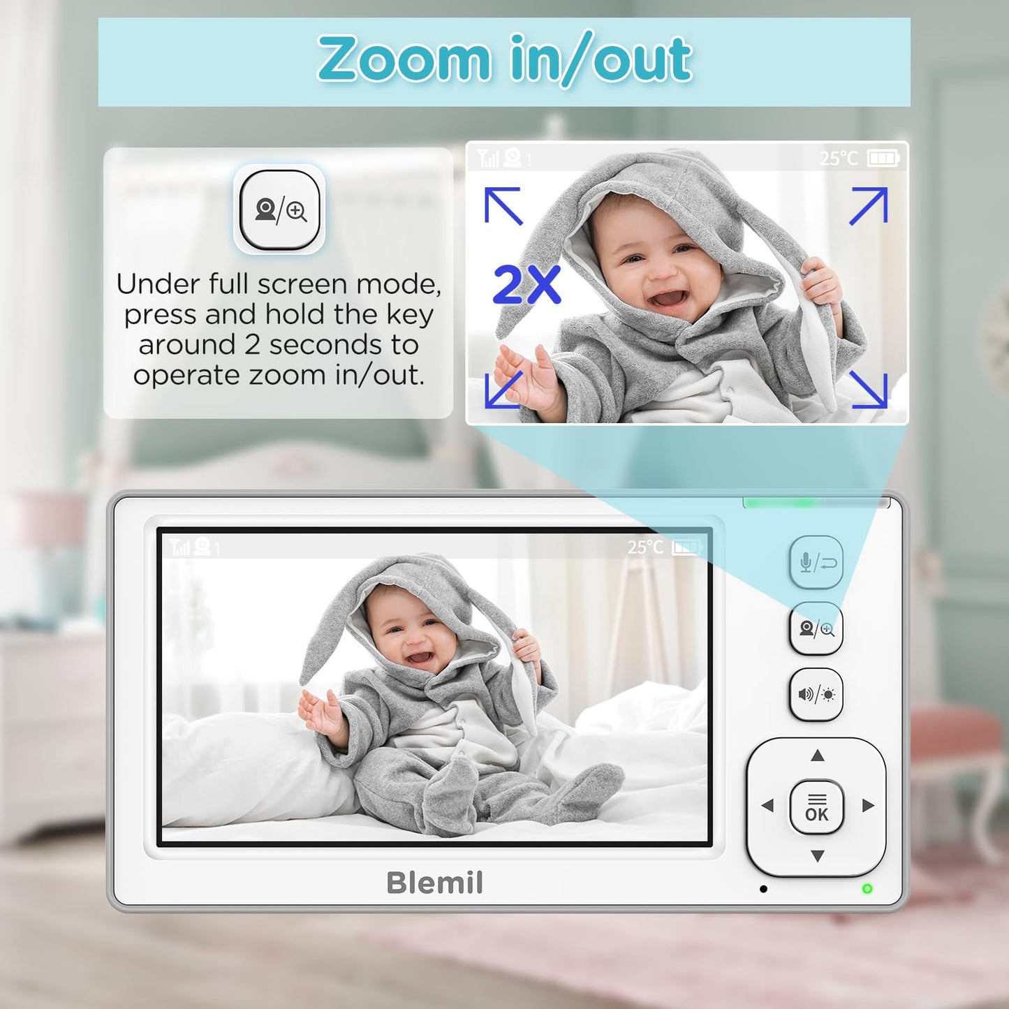 Blemil Baby Monitor with 2 Cameras and Audio, 4.3'' IPS Split-Screen Monitor with 29-Hour Battery, 1000ft Range Pan-Tilt-Zoom Video Baby Monitor No WiFi, 2X Zoom