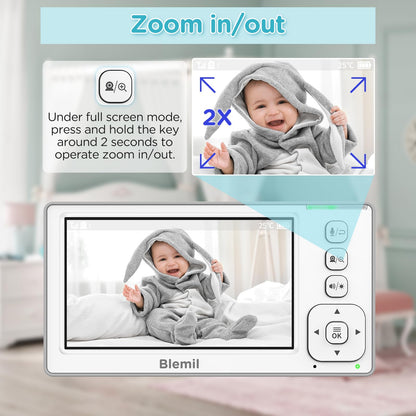 Blemil Baby Monitor with 2 Cameras and Audio, 4.3'' IPS Split-Screen Monitor with 29-Hour Battery, 1000ft Range Pan-Tilt-Zoom Video Baby Monitor No WiFi, 2X Zoom