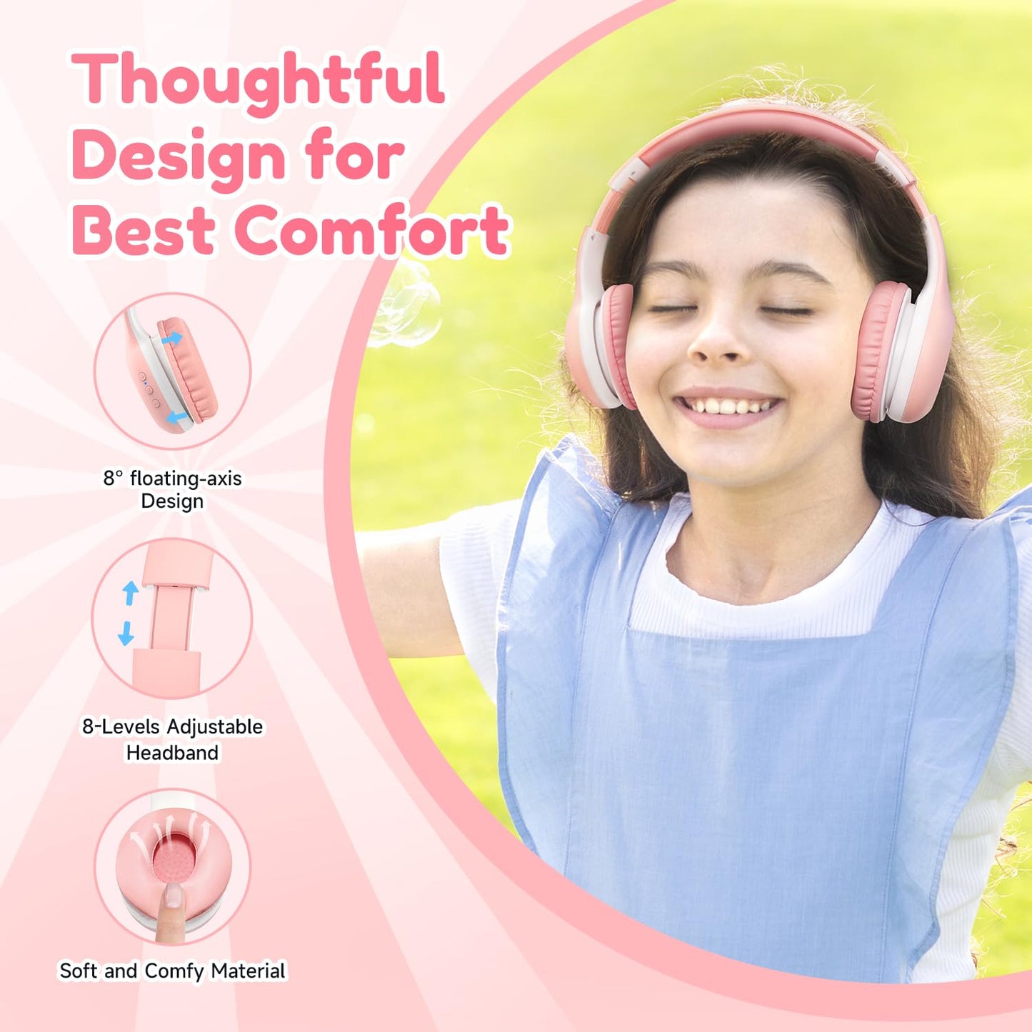 EarFun Kids Headphones Wireless, Bluetooth 5.4 Headphone for Child with Mic, 85/94dB Volume Limited Foldable Over Ear, Hi-Fi Stereo Sound, 40H Playtime, Gifts for Girl, Tablet/Phone/PC, School/Travel