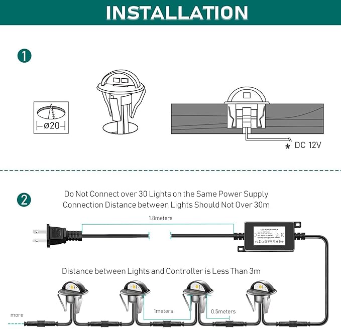 Pack of 30 Low Voltage LED Deck Lighting Kit Stainless Steel Waterproof Outdoor Landscape Garden Yard Patio Step Decoration Lamps LED In-ground Lights (Cold White)