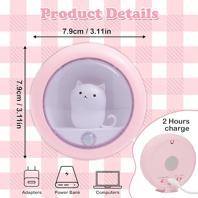 Attivolife Cat Rechargeable Motion Sensor Night Light, Magnetic Nightlights with Adjustable Brightness, Warm White LED Stick Anywhere Cat Lamp for Wall Bedroom Closet Stairs Cabinet (Pink 2 Pack)