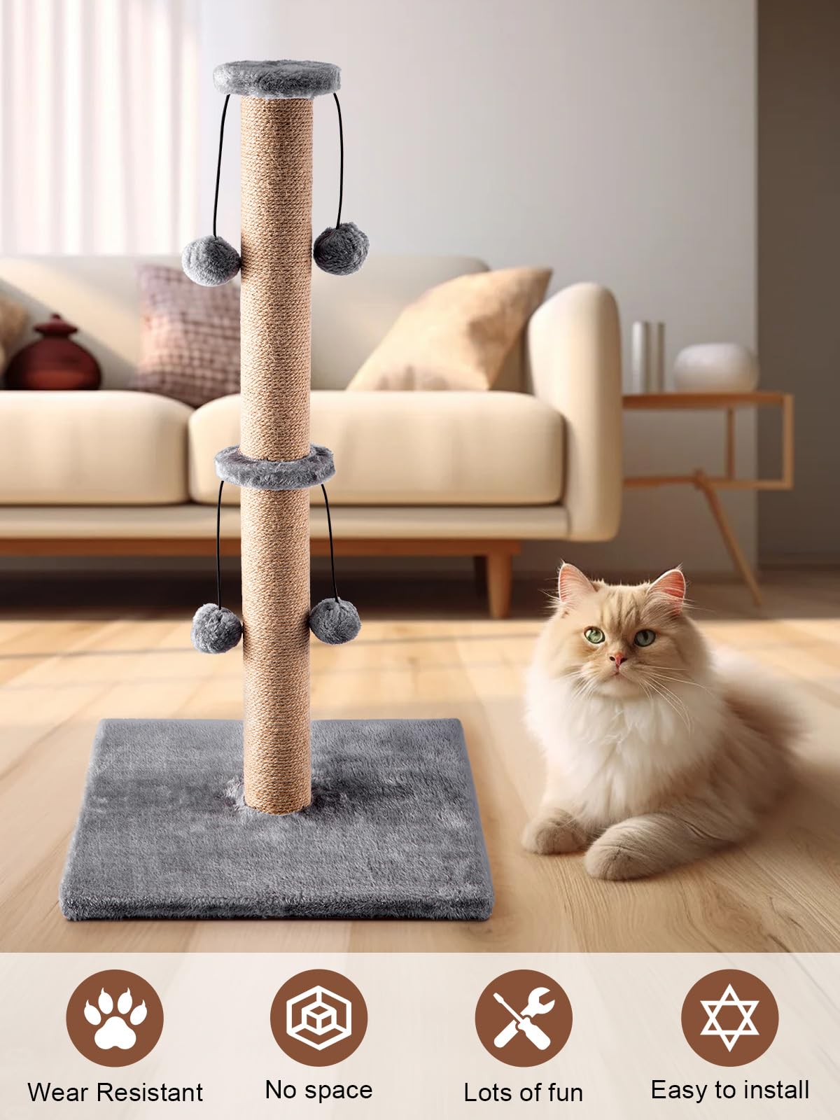 Trintion Cat Scratching Post 74cm Foldable Bottom Tall Cat Claw Scratcher with 4 Toy Ball Natural Sisal Scratch Pole and Soft Carpet Covered Heavy Base Modern Stable Design (Gray 74cm 4Ball)