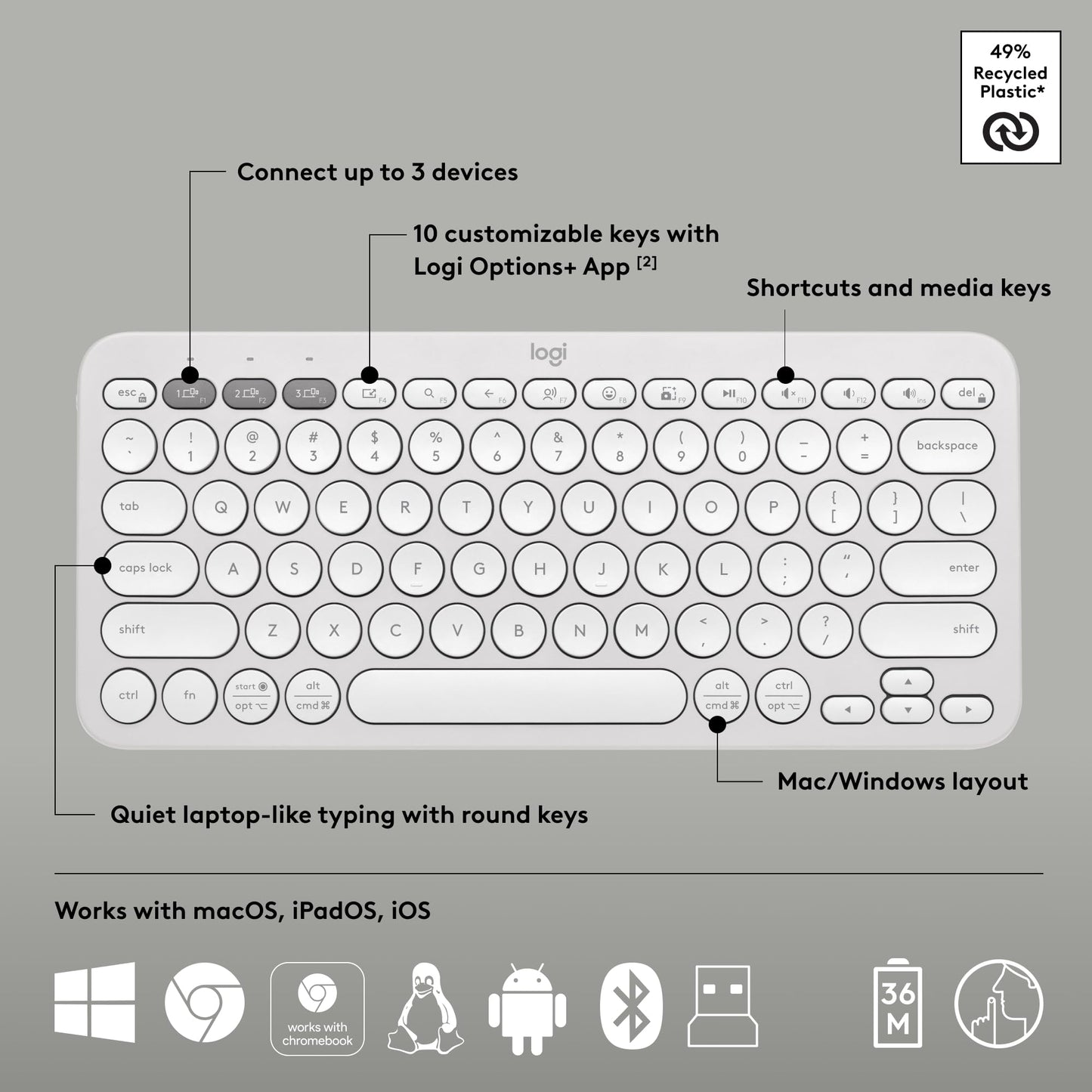 Logitech Pebble Keys 2 K380s, Multi-Device Bluetooth Wireless Keyboard with Customizable Shortcuts, Slim and Portable, Easy-Switch for Windows, macOS, iPadOS, Android, Chrome OS - Tonal Graphite