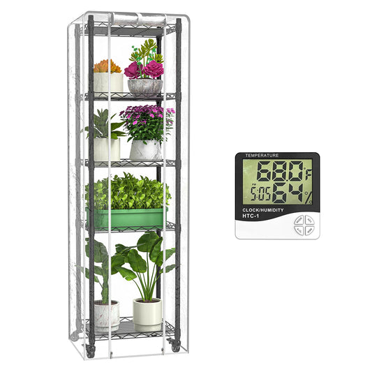 sagrynfp Mini 5-Tier Greenhouse for Indoor Outdoor , 15.7" L×11.8" W×62.3" H Portable Greenhouse with Clear PVC Cover and Metal Shelf for Growing Vegetables, Flowers and Seedlings, with Wheels