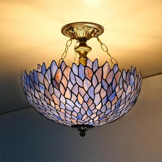 Tiffany Ceiling Light Fixture Deep Blue Purple Wisteria Stained Glass Semi Flush Mount Lamp Wide 16 Inch Height 15 Inch Tiffany Ceiling Lamp (Blue)