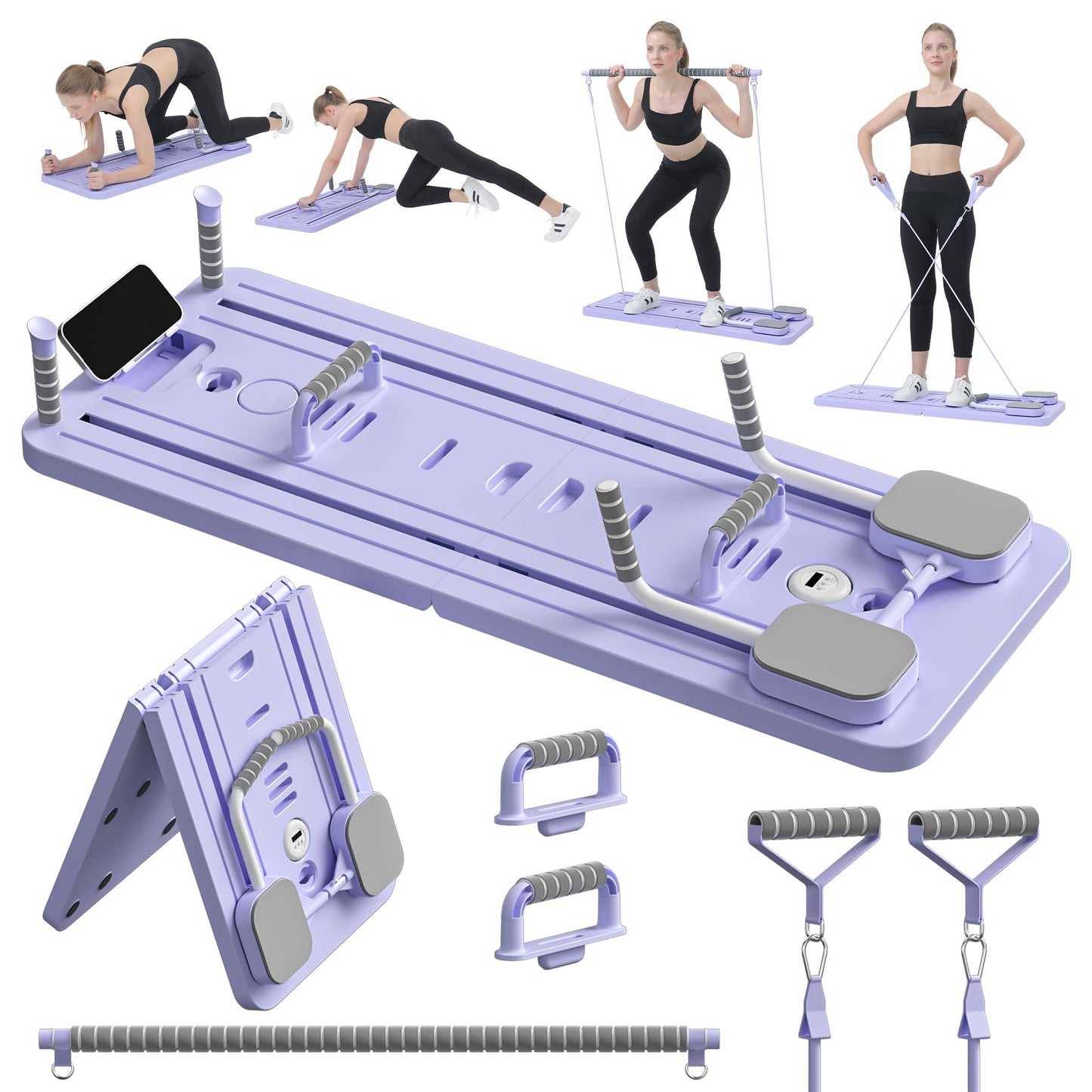 JANUA Pilates Board - Pilates Reformer Set, Multi-Purpose Foldable Pilates Reformer Board for Home, 5 in 1 Pilates Sliding Board (Purple) (Purple Set)