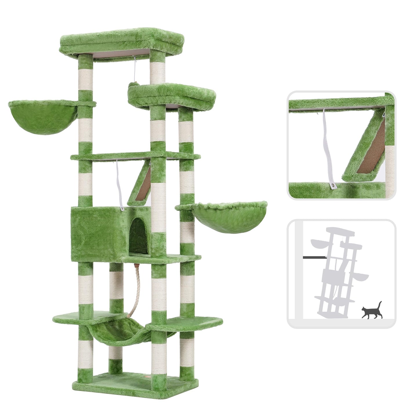 Heybly Cat Tree, 68 inch Multi-Level Cat Tower for Indoor Cats, 2 Widened Plush Perches Cat Condo with Scratching Board and Big Caves, Green HCT025GR