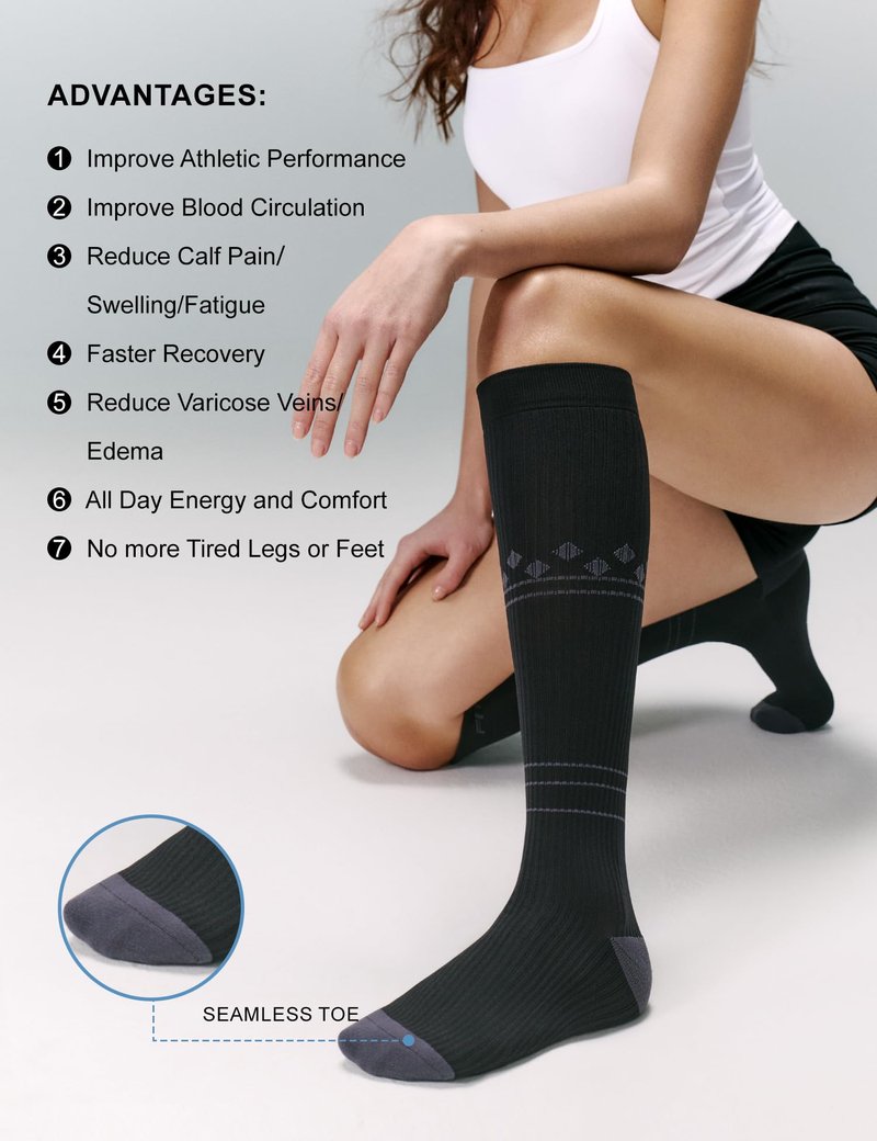 FITRELL 3 Pairs Compression Socks for Women and Men 20-30mmHg- Muscle Support Socks for Travel, Running, Nurse, Knee High, Blackstar, Black+White+Grey L/XL