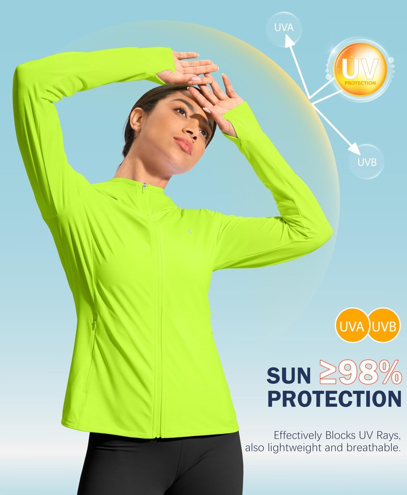 Soothfeel Women's UPF 50+ Sun Protection Hoodie Jacket Lightweight Long Sleeve Sun Shirt for Women with Pocket Hiking Outdoor(Fluorescent Green, Large)