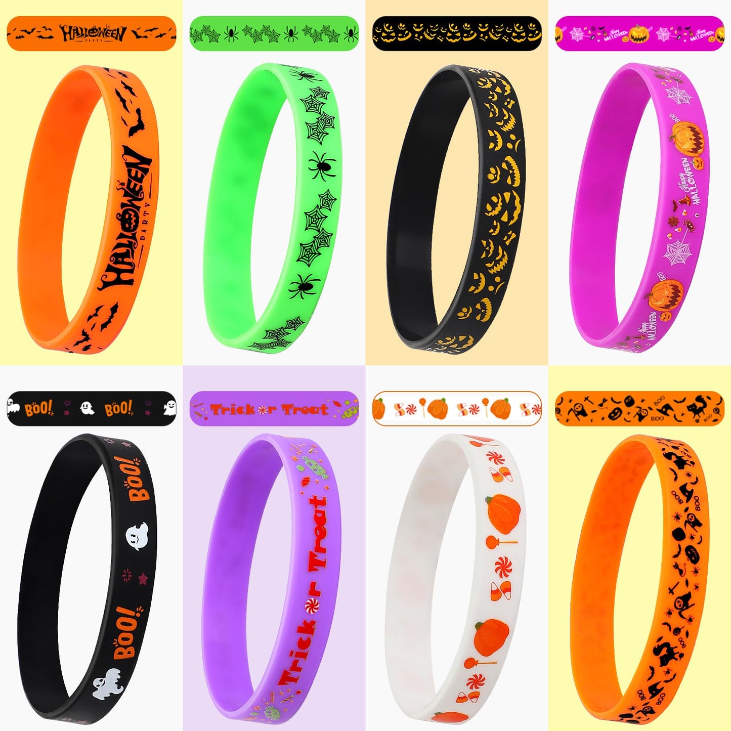 JUNEBRUSHS 64pcs Halloween Party Favors Silicone Bracelets Rubber Wristbands for Halloween Party Trick or Treat Goodie Bag Stuffers Fillers Decorations Accessories Supplies(8 Designs)