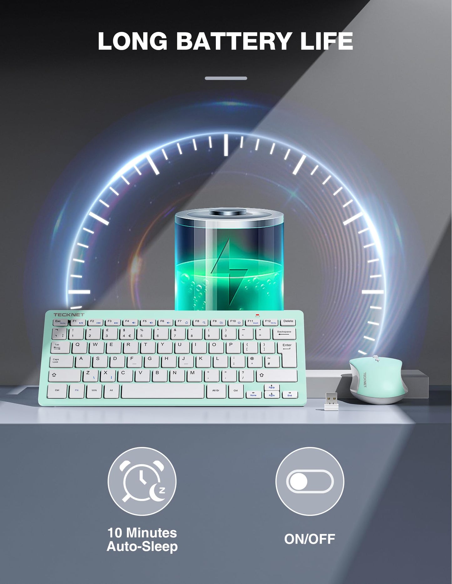 TECKNET Mini Wireless Keyboard and Mouse Set, 2.4G Cordless USB Keyboard and Silent Mouse Comb with Nano USB Receiver, 12 Multimedia Shortcuts for Computer, PC, Laptop, Desktop, Green