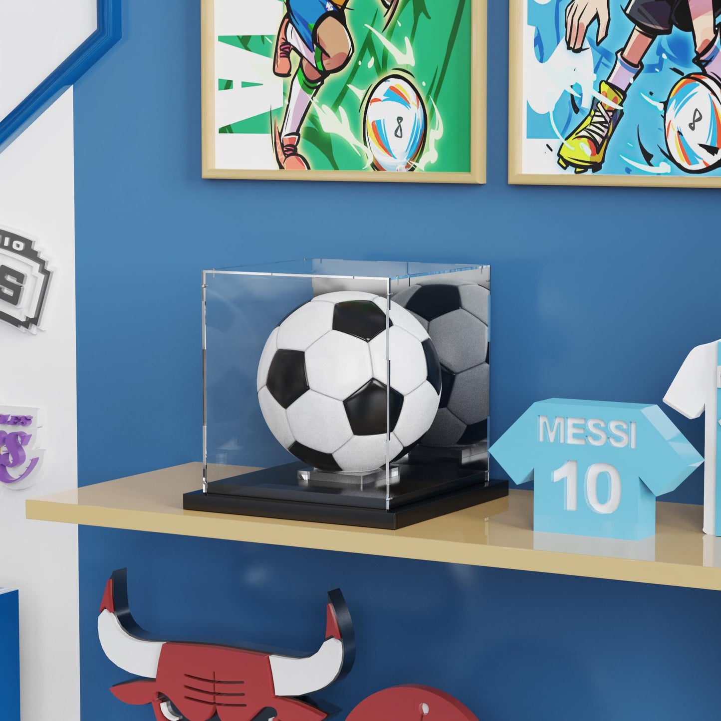 Putros Soccer Ball Display Case with Mirror and Black Metal Stackable Base Acrylic Soccer Ball Case with Transparent Removable Built-in Soccer Ball Display Stand for Autographed Volleyball