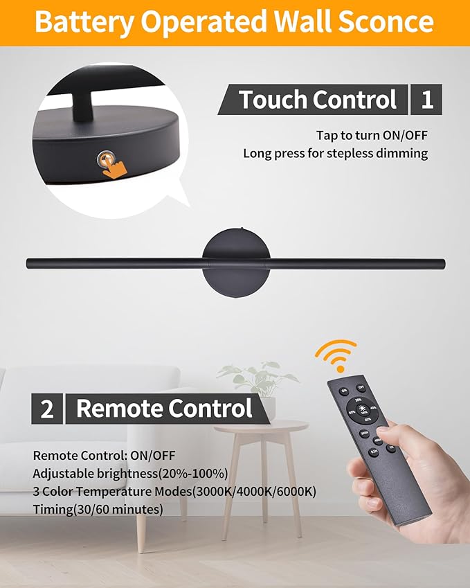 Wireless Wall Sconces Set of 2 Linear，20Inch Battery Operated Wall Lights with Remote Control，360°Rotate Dimmable Wall Lamps for Living Room, Bedroom and Hallway (Black)