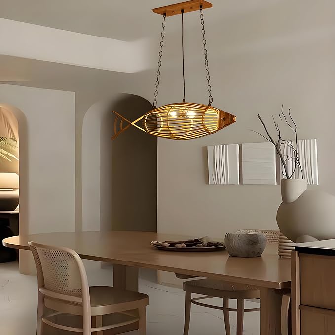 Rustic Fish Pendant Light,Hand-Woven Bamboo Hanging Lamp,Adjustable Kitchen Hanging Light,Boho Style Pendant Lamp for Living Room Bedroom