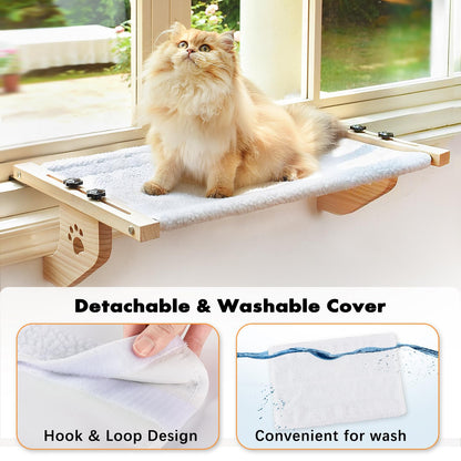 AMOSIJOY Cat Sill Window Perch Sturdy Cat Hammock Window Seat with Wood & Metal Frame for Large Cats, Easy to Adjust Cat Bed for Windowsill, Bedside, Drawer and Cabinet (21.7''-White Plush)