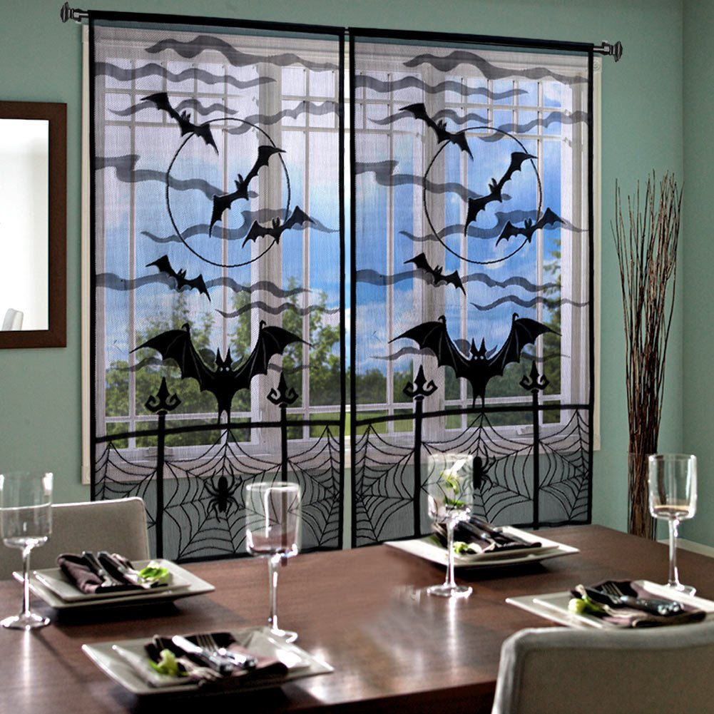 OurWarm 2pcs Black Lace Halloween Window Curtains, Spider Web Bats Door Curtain Panel Decor for Spooky Halloween Holiday Party Decoration, 40 x 84 Inch
