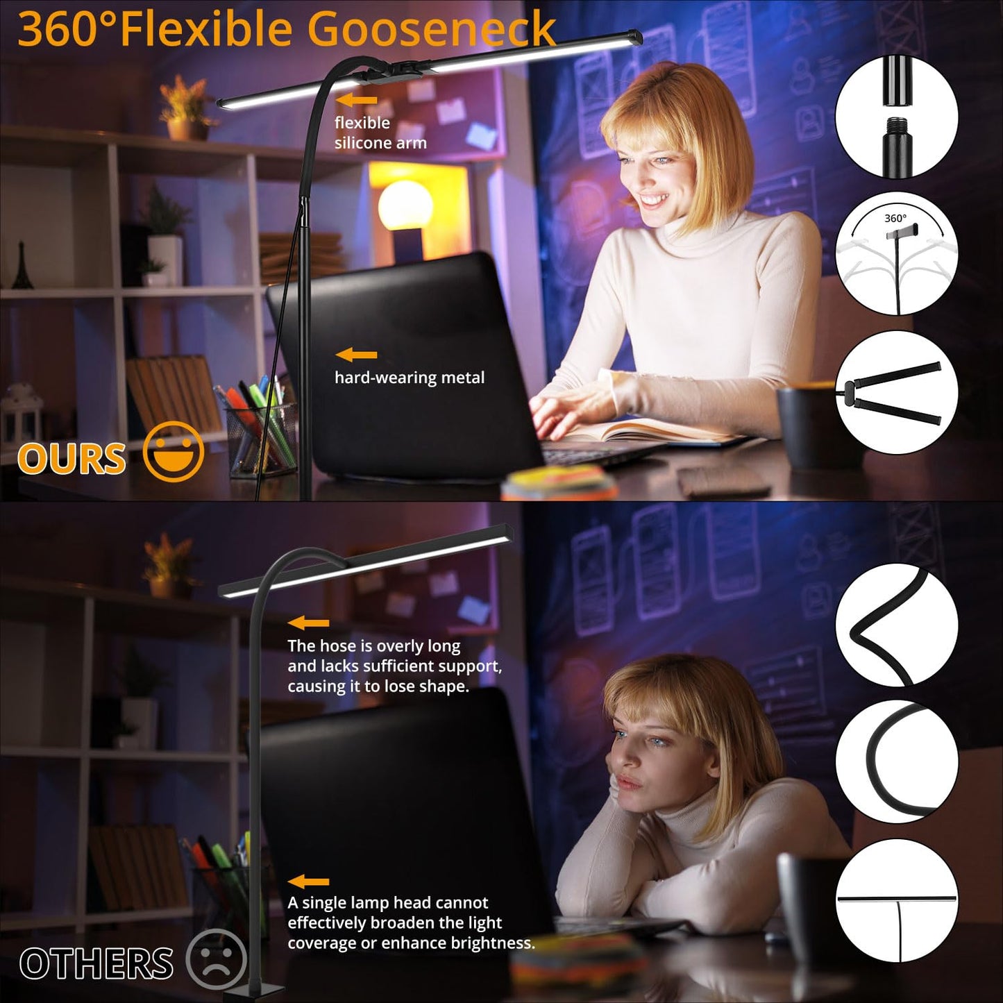 Woputne Desk lamp with Clamp, Super Wide & Bright, 5 Color Modes X 10 Brightness Levels, 960LM(160 Pcs Lamp Beads), 12W Computer Monitor Flexible Table Light, Desk Light for Office,Study, Crafts, Draw