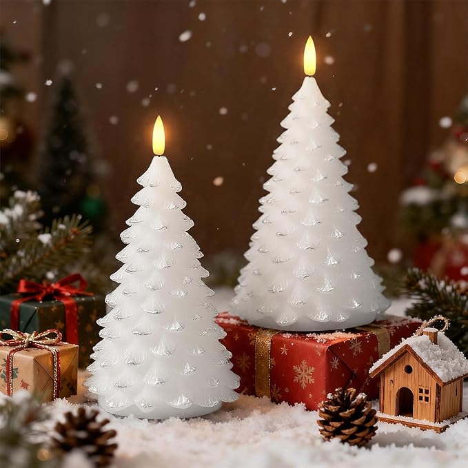 Christmas Decorations Indoor, Christmas Decor - Christmas Tree Candles Battery Operated, Flameless LED Candle Lights with 6H Timer, Xmas Home Decor, Set of 2(White)