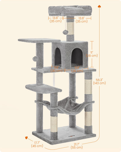 Feandrea Cat Tree, 143 cm Multi-Level Plush Cat Condo with 4 Scratching Posts, 2 Perches, Cave, Hammock, Pompoms, Light Grey