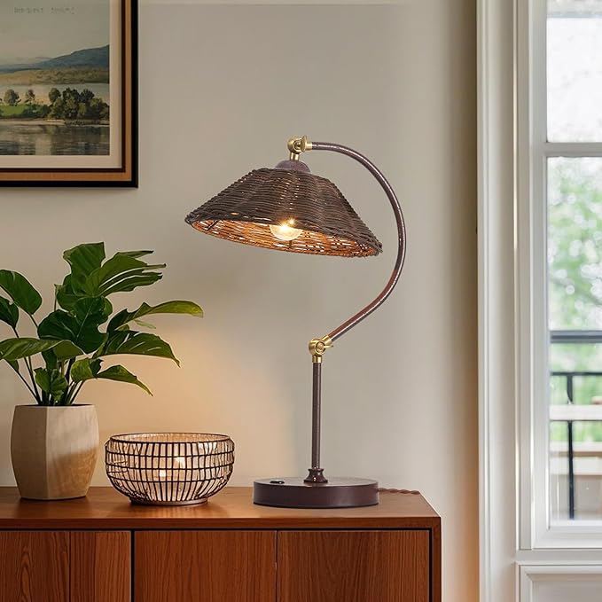 2 Pack Woven Rattan Bedside Table Lamp for Bedroom,Boho Plug in Handmade Rattan Shade&Anti-Rust Iron Base Desk Lamp,Plug & Play Vintage Dark Brown Nightstand Lamp for Living Room,Office【Bulb Included】